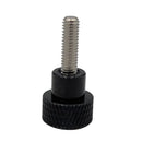 Black knob with a metal screw on a gray background